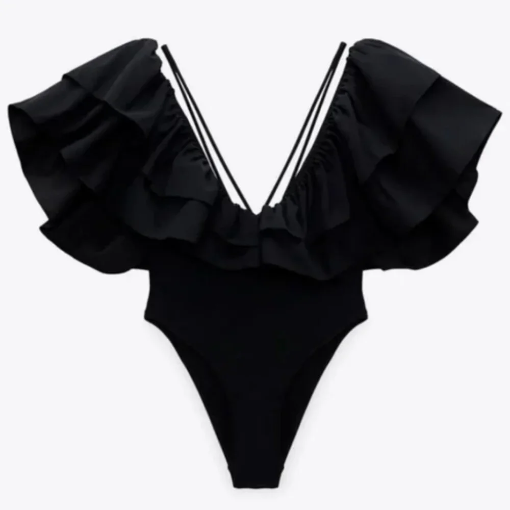 Zara Large Ruffle Strappy One Piece Swimsuit